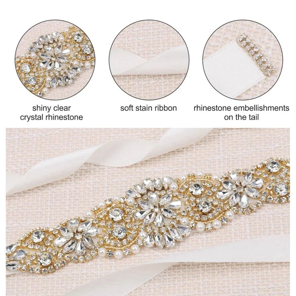 Tendaisy Crystal Rhinestone Faux Pearl Wedding Belt Cream Satin Ribbon Sash New